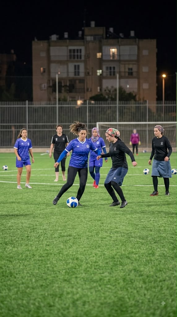 שחקניות הקבוצה באימון ערב על מגרש דשא סינטטי - דתיות וחילוניות משחקות ביחד